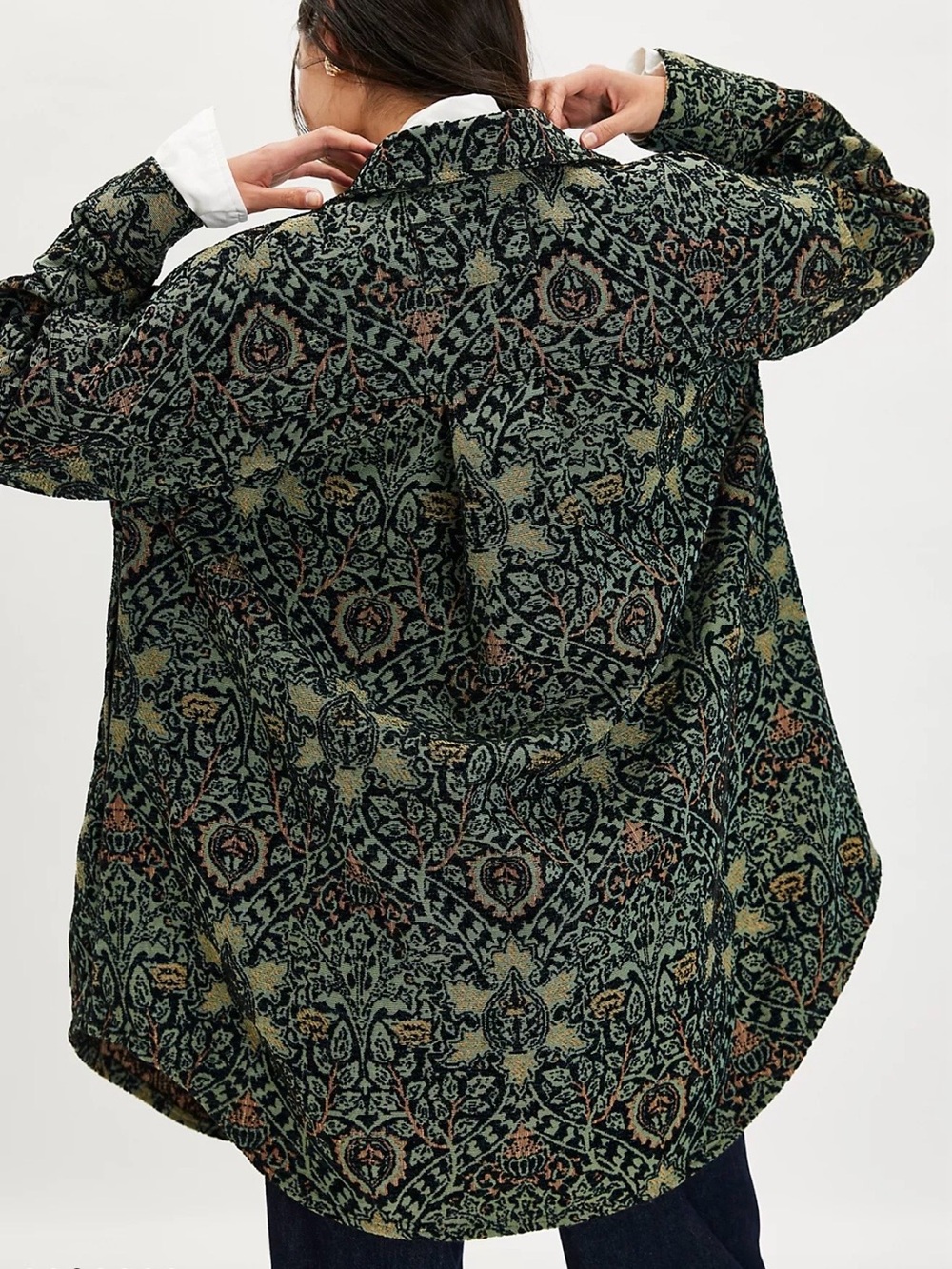 Free People Tapestry Shirt Jacket in Green and Black